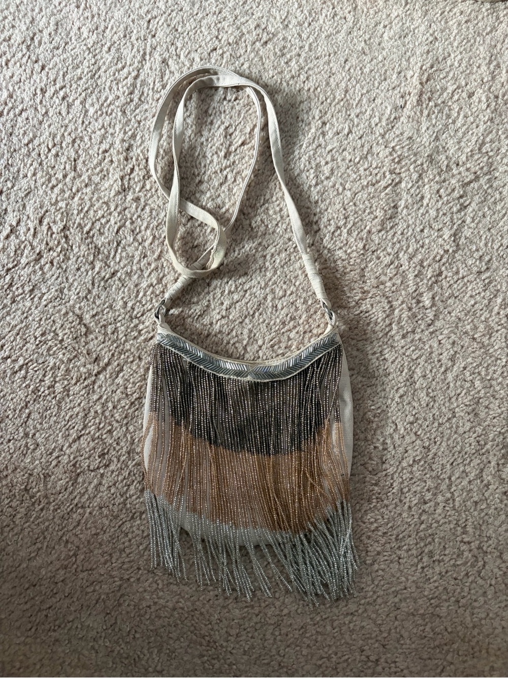 Beaded Fringe Crossbody Bag in Beige and Silver